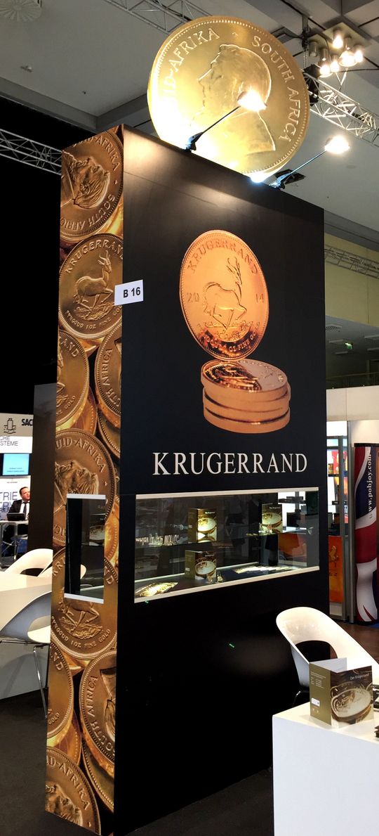 Der 2015er Krügerrand Messestand der Rand Refinery auf der World Money Fair