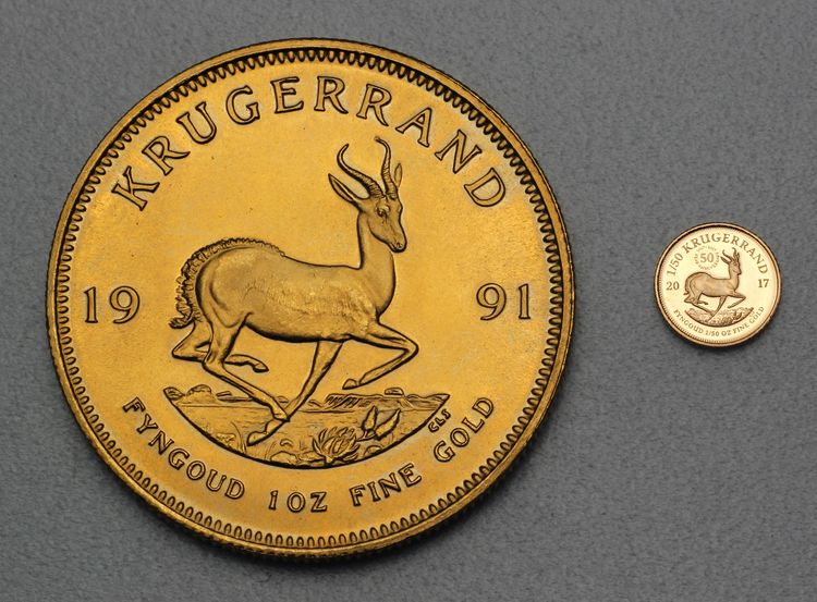 Gegenüberstellung ganzer zu 1/50 oz Krügerrand