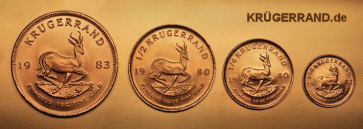 Größenübersicht der 4 verschiedenen Krügerrand-Goldmünzen 1oz, 1/2oz, 1/4oz und 1/10oz